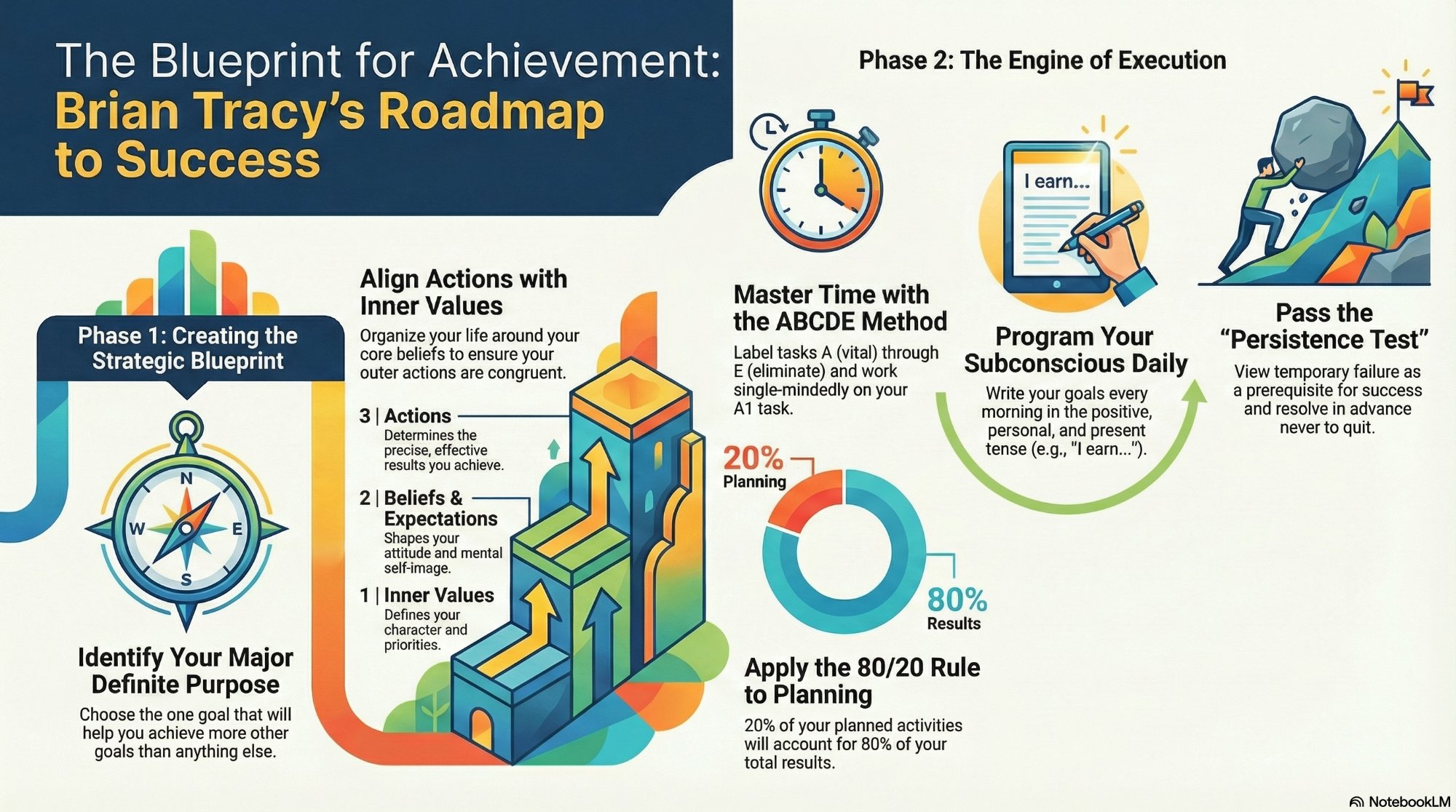 The Blueprint for Achievement: Brian Tracy's Roadmap to Success. Phase 1 — Creating the Strategic Blueprint: Identify Your Major Definite Purpose; align Inner Values, Beliefs and Expectations, and Actions. Phase 2 — The Engine of Execution: Master Time with the ABCDE Method; Apply the 80/20 Rule to Planning; Program Your Subconscious Daily; Pass the Persistence Test.
