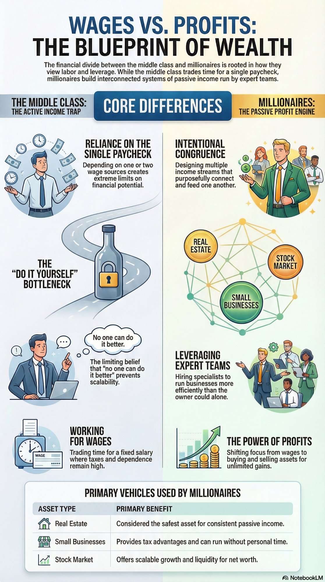 Infographic: Wages vs. Profits — The Blueprint of Wealth. Contrasts the middle class active income trap (reliance on a single paycheck, the do it yourself bottleneck, working for wages) with the millionaire passive profit engine (intentional congruence, leveraging expert teams, the power of profits), including primary vehicles used by millionaires: real estate, small businesses, and the stock market.