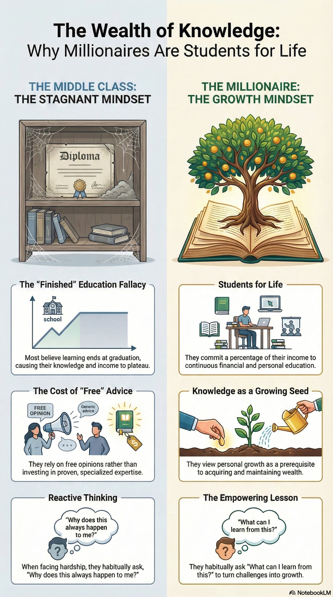 Infographic: The Wealth of Knowledge — Why Millionaires Are Students for Life. Contrasts the middle class stagnant mindset (the finished education fallacy, reliance on free advice, reactive thinking) with the millionaire growth mindset (students for life, knowledge as a growing seed, the empowering lesson of asking what can I learn from this).