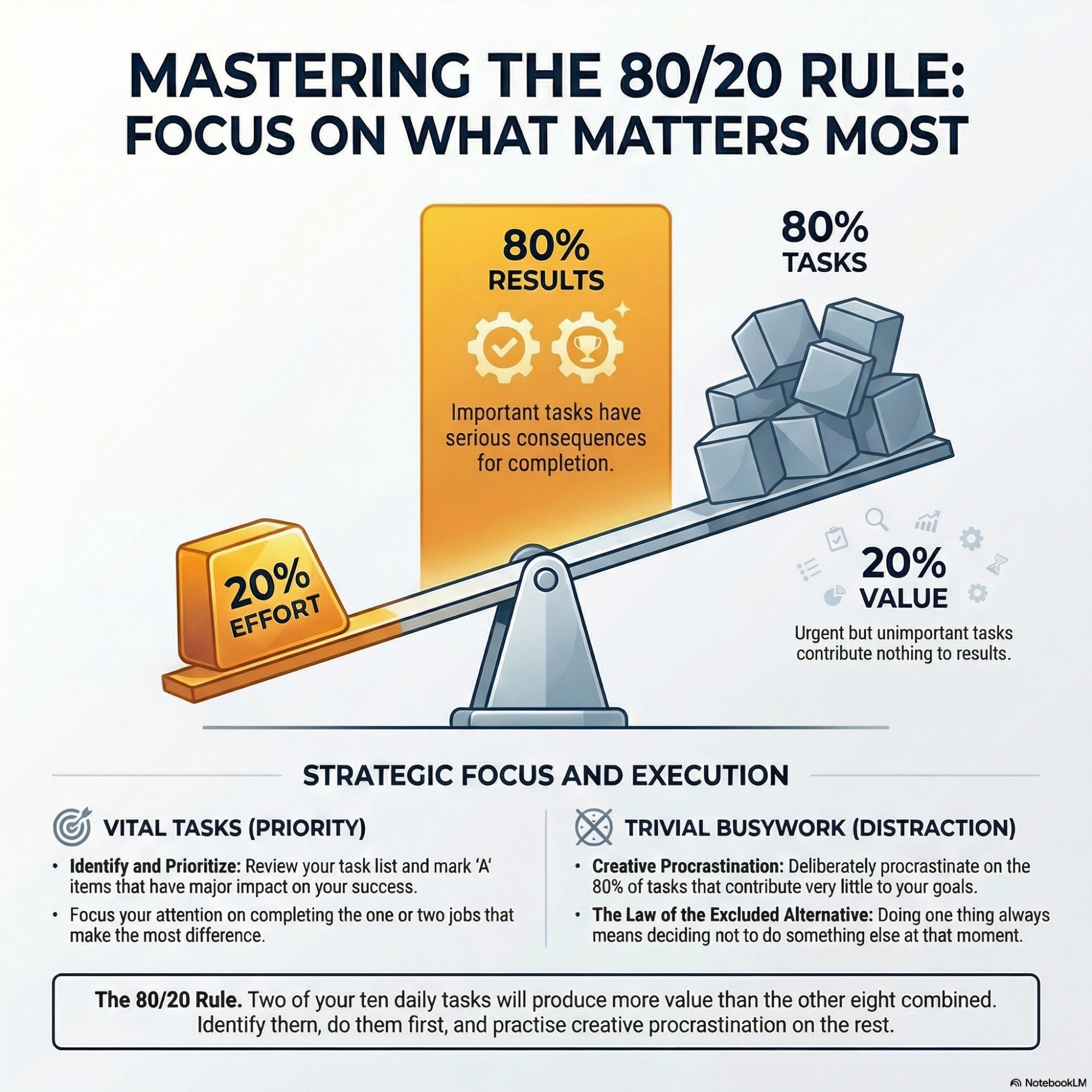 Mastering the 80/20 Rule: Focus on What Matters Most. A balance scale shows 20% Effort producing 80% Results (important tasks with serious consequences for completion) outweighing 80% Tasks which produce only 20% Value (urgent but unimportant tasks that contribute nothing to results). Strategic Focus and Execution: Vital Tasks (Priority) — Identify and Prioritize, mark A items with major impact, focus on the one or two jobs that make the most difference. Trivial Busywork (Distraction) — Creative Procrastination, deliberately procrastinate on the 80% that contributes little; The Law of the Excluded Alternative, doing one thing always means deciding not to do something else. Bottom summary: The 80/20 Rule — two of your ten daily tasks will produce more value than the other eight combined. Identify them, do them first, and practise creative procrastination on the rest.