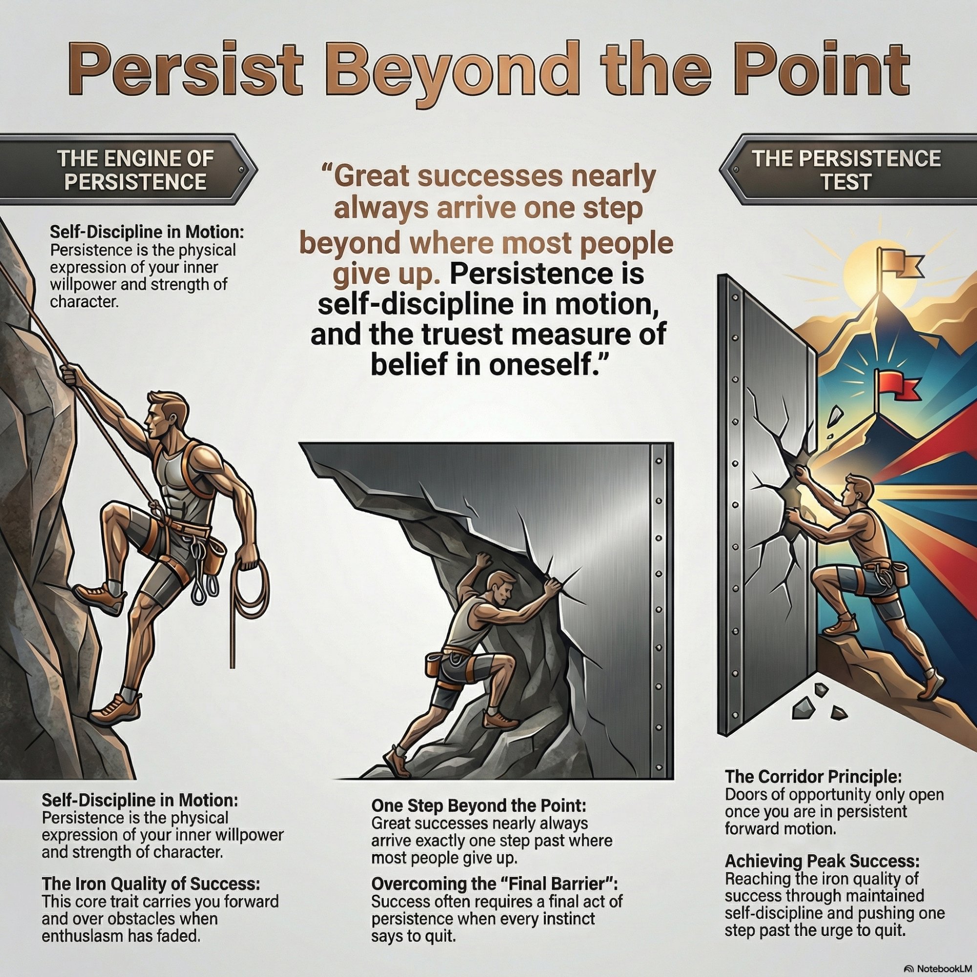Persist Beyond the Point infographic. Central quote: Great successes nearly always arrive one step beyond where most people give up. Persistence is self-discipline in motion, and the truest measure of belief in oneself. The Engine of Persistence: Self-Discipline in Motion — persistence is the physical expression of your inner willpower and strength of character; The Iron Quality of Success — this core trait carries you forward and over obstacles when enthusiasm has faded. One Step Beyond the Point: Great successes nearly always arrive exactly one step past where most people give up; Overcoming the Final Barrier — success often requires a final act of persistence when every instinct says to quit. The Persistence Test: The Corridor Principle — doors of opportunity only open once you are in persistent forward motion; Achieving Peak Success — reaching the iron quality of success through maintained self-discipline and pushing one step past the urge to quit.