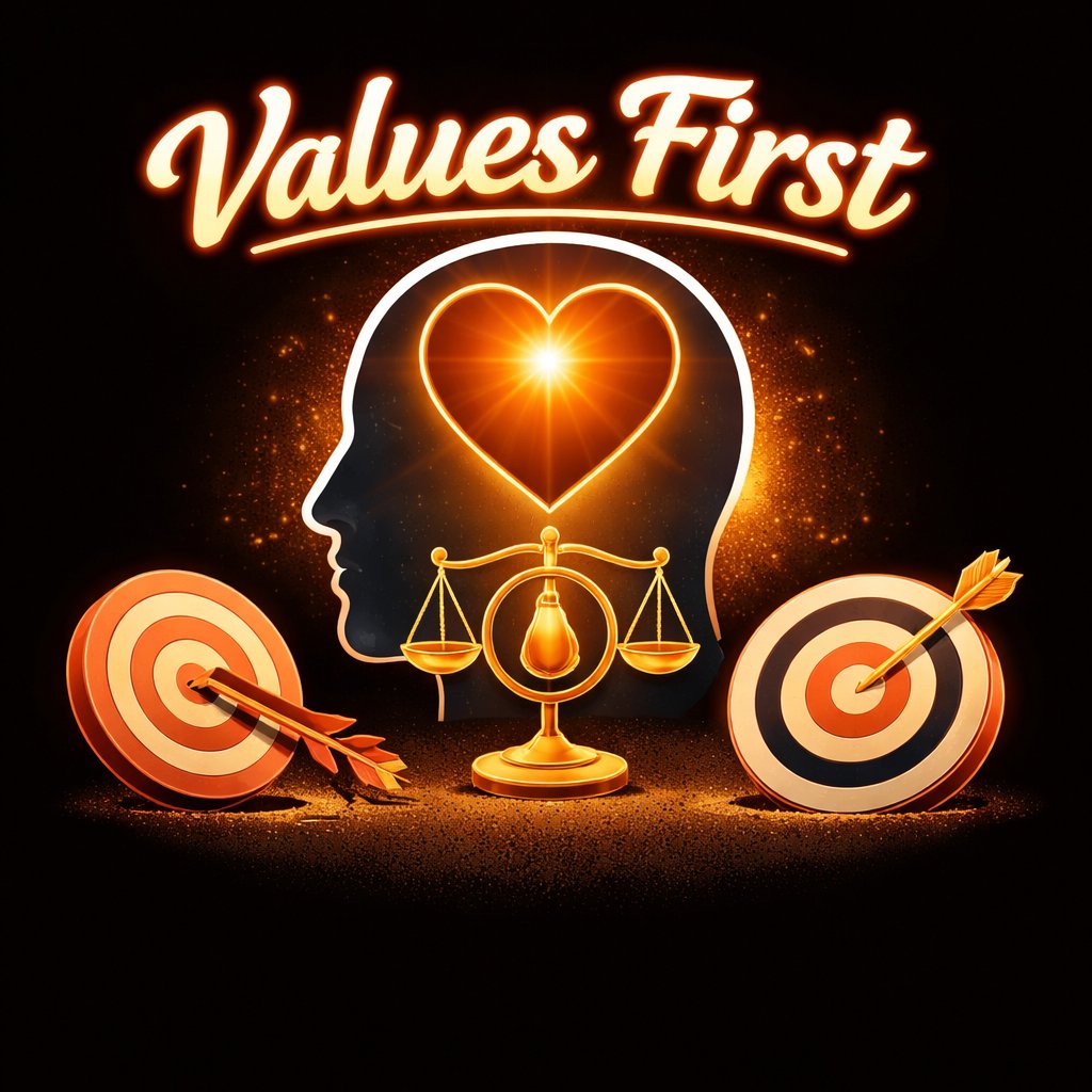 Illustration of a glowing heart inside a human silhouette, balanced scales, a compass, and two archery targets — representing the alignment of inner values with outer goals