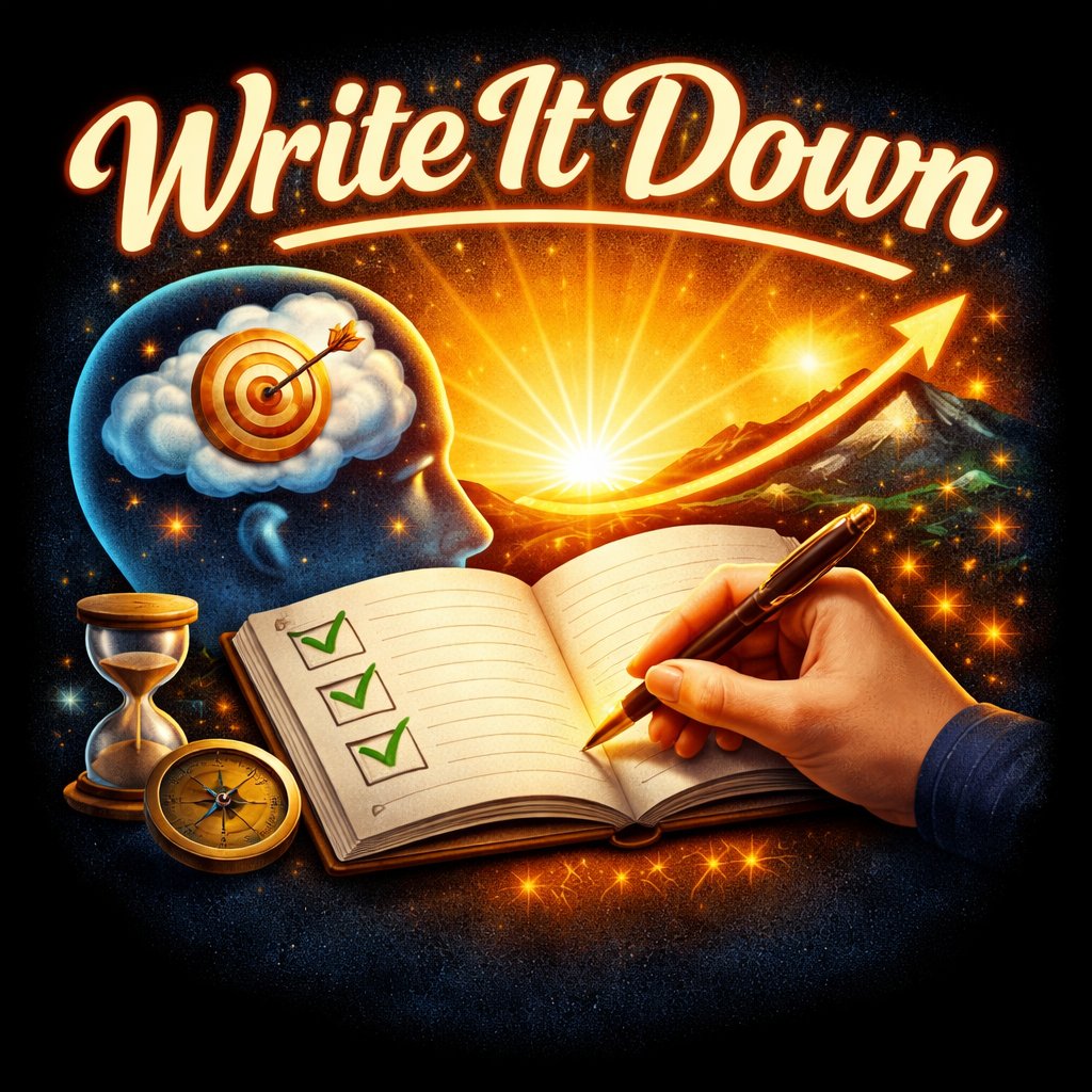 Illustration of a hand writing in a notebook with a goal target in the mind, an arrow rising toward a glowing horizon — representing the act of committing goals to paper