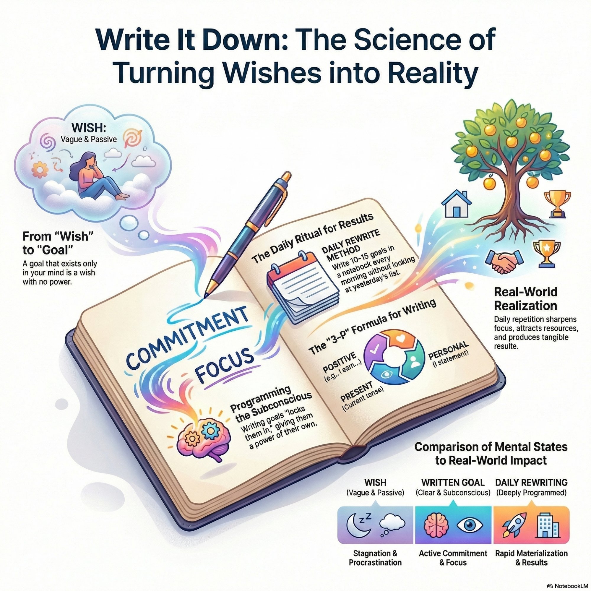 Write It Down: The Science of Turning Wishes into Reality. From Wish to Goal: a goal that exists only in your mind is a wish with no power. The Daily Ritual for Results: Daily Rewrite Method — write 10–15 goals in a notebook every morning without looking at yesterday's list. Programming the Subconscious: writing goals locks them in, giving them a power of their own. The 3-P Formula for Writing: Positive (e.g. I earn...), Personal (I statement), Present (current tense). Real-World Realization: daily repetition sharpens focus, attracts resources, and produces tangible results. Comparison of Mental States: Wish (Vague and Passive) leads to Stagnation and Procrastination; Written Goal (Clear and Subconscious) leads to Active Commitment and Focus; Daily Rewriting (Deeply Programmed) leads to Rapid Materialization and Results.